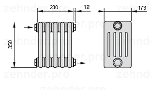 Схема (чертеж) Радиатор Zehnder Charleston 5035/5 №1670 Белый глянцевый RAL 9016